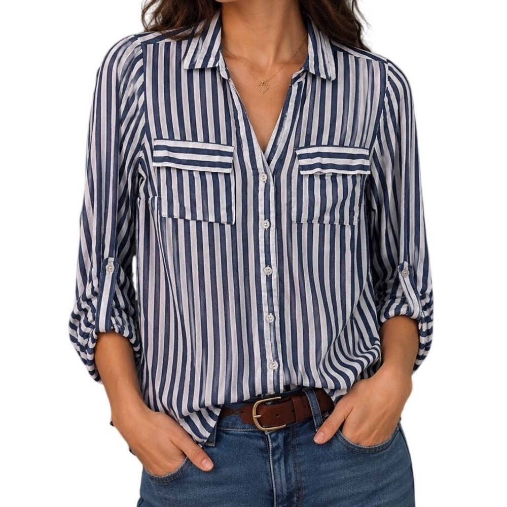 Classic Coastal Blue & White Striped Roll Tab Button-Up Top - Womens Small